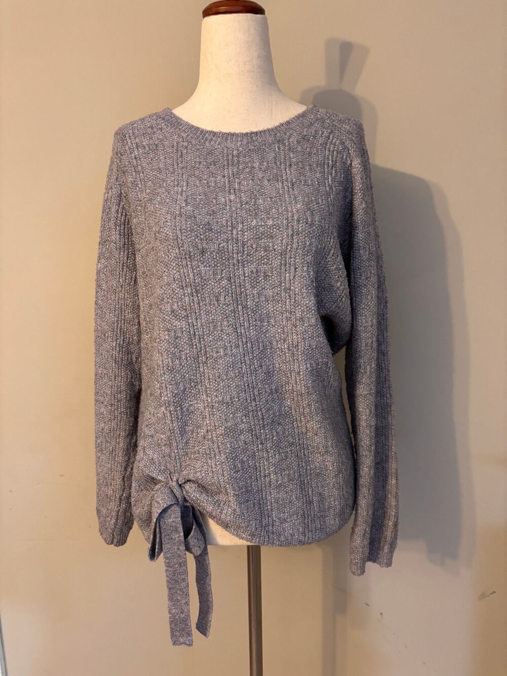 T Tahari Womens Medium Sweater Purple Gray Knit Long Sleeve Side Tie Pullover